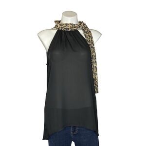 WHBM Leopard Print Tie Neck semi Sheer Sleeveless Blouse Black Brown Small